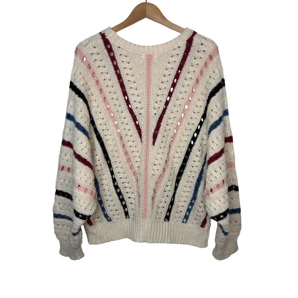 Vestique Sweater Womens Large Cream Multi Stripe Pointelle Knit Oversized Boho‎ - Image 4