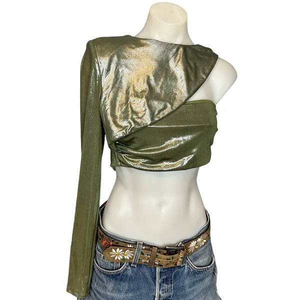 NBD Metallic Green One Shoulder Crop Top LARGE Asymmetric Club Rave Revolve $158 - Image 5