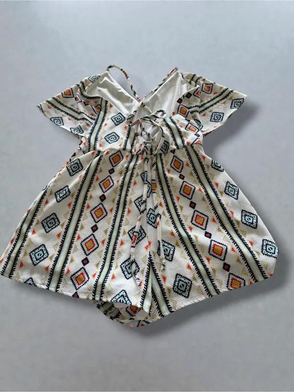 Crystal Sky White‎ Romper with Colorful Geometric Trim - Image 2