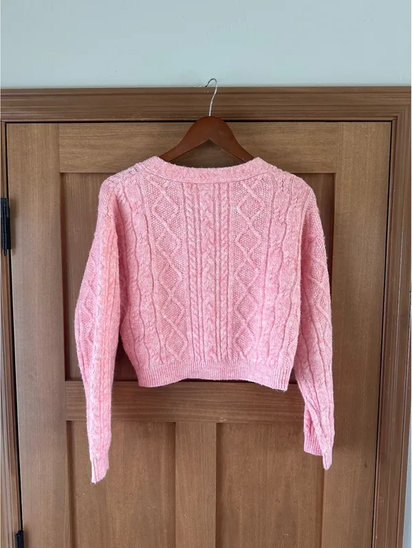 Topshop Wool Blend Cable Knit Crop Button Front Cardigan Pink Women’s XS - Image 6