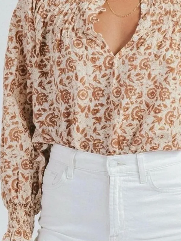 Cleobella Reza Blouse Peasant Tamil Block Print Floral Cotton Boho Brown Ivory - Image 7