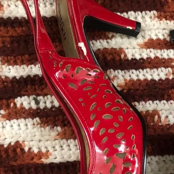 Y2K Coquette Whimsygoth Romantic Goth Vampy Fairy Red Pointelle Cut out Kitten Slingback Heels Pumps Bow Faux Leather Open peep toe-Size 6.5M - Image 8