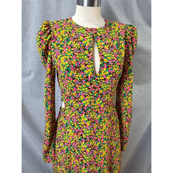 AFRM Yellow Floral Puff Sleeve Open Back Lattice‎ Detail Maxi Dress S - Image 3