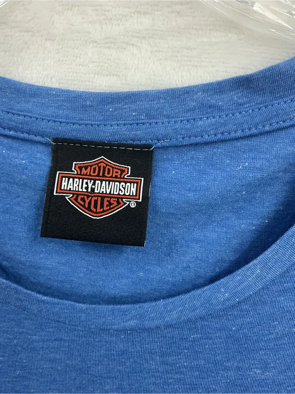 Harley-Davidson Blue Tee with Black Label and Orange Logo 852 - Image 4