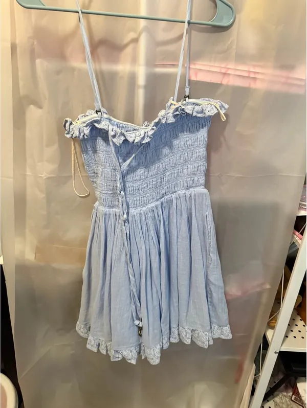 Free People Light Blue Smocked Ruffle Mini Dress Size Small - Image 4