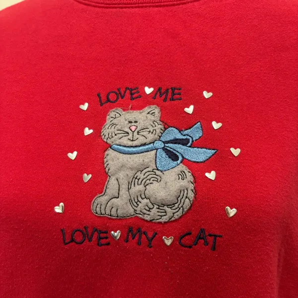 MC Sportswear Vintage 90s Collared Sweatshirt Red Love Me Love My Cat Size Large - Image 2