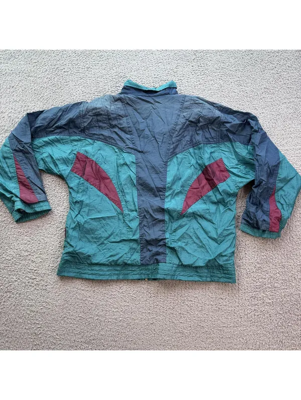 Vintage Early 90s Abstract Colorblock Windbreaker Jacket Teal Purple Boxy Large - Image 2