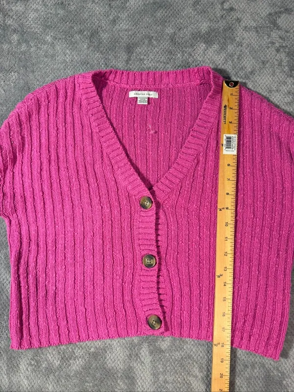 American Eagle XS Hot Pink Ribbed Knit Cropped Cardigan Button Front V-Neck NWOT - Image 6