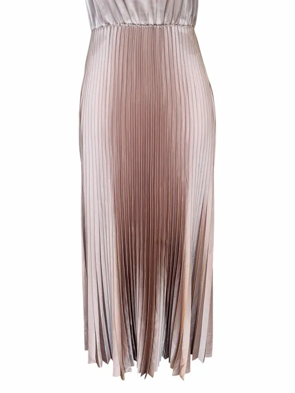 All Saints Pleated Satin Dress Size XS Brown Sleeveless Square Neck Maxi Pockets - Image 5
