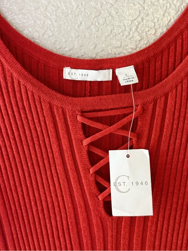NEW Cato Juniors Large Red Ribbed Lace Up Fit & Flare Stretch Knit Dress - Image 7