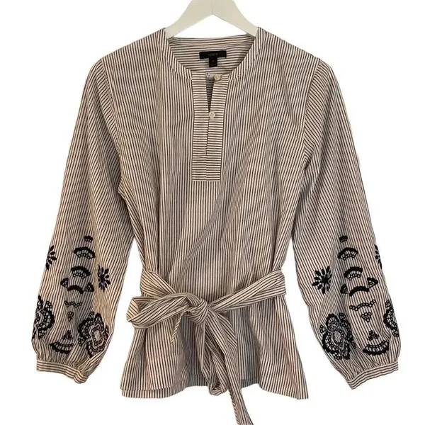 J.Crew striped embroidered tie front blouse size M - Image 3