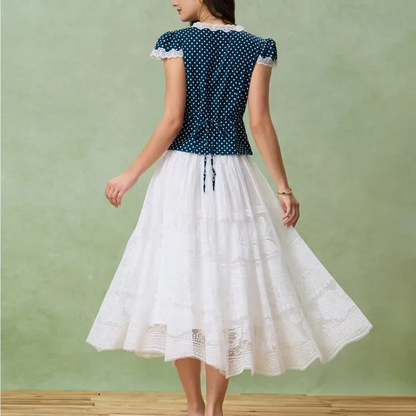 Rihoas Blue Polka Dot Lace Trim Blouse - Image 5