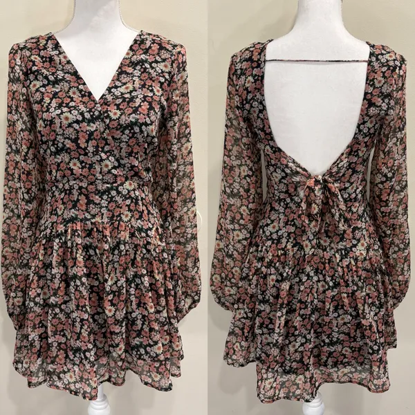 Bardot Cut Out Frill Dress Floral‎ Long Sleeve Back Tie Mini XS Cottage Prairie - Image 2