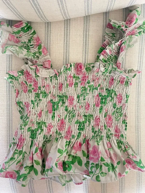 Hill House The Paz Nap 100% Linen Smocked Ruffle Tank Top Top Size Small - Image 3