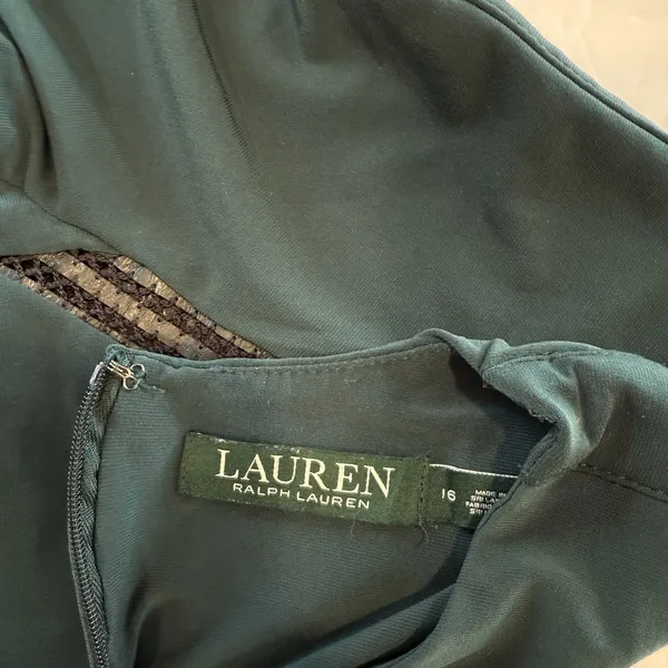 Ralph Lauren Dark‎ Green Jonni Faux Leather Trim Ruched Sheath Dress Size 16 - Image 9