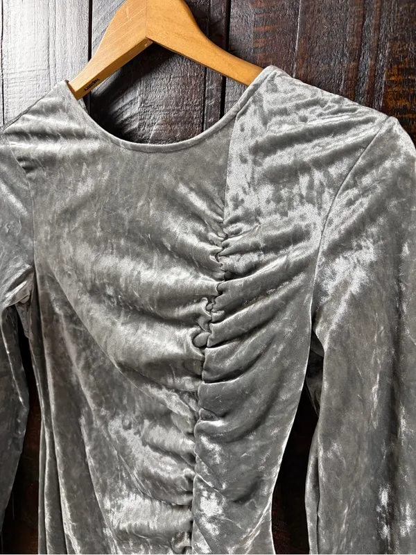 Future Collective Silver Ruched Velvet Long Sleeve Midi Dress - Image 9