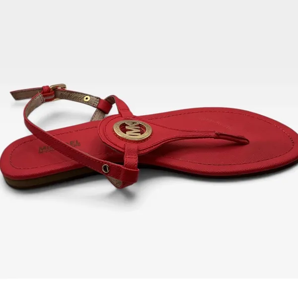 Michael Kors Plate Thong Sandals Red Saffiano Gold Logo Medallion 7.5M RN17A - Image 8