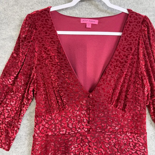 Betsey Johnson Size-XL Midi Dress Burgundy Red Velvet Leopard Print - Image 6