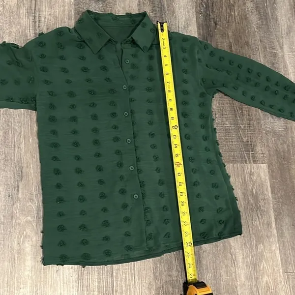 Forest Green sheer button down long sleeve blouse with textured dots - Image 9