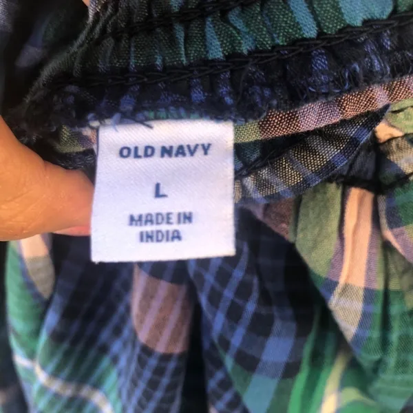 Old Navy Plaid Smocked‎ Square Neck Blouse Large Green Blue Long Sleeve Top - Image 5