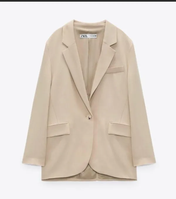 ZARA NEW Women's Size Beige One-Buttoned Long Sleeve Oversized Blazer Jacket Tan - Image 7