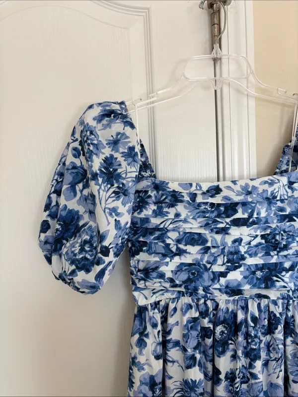 Abercrombie Emerson Poplin Puff Sleeve Midi Dress Blue Floral XS - Image 3