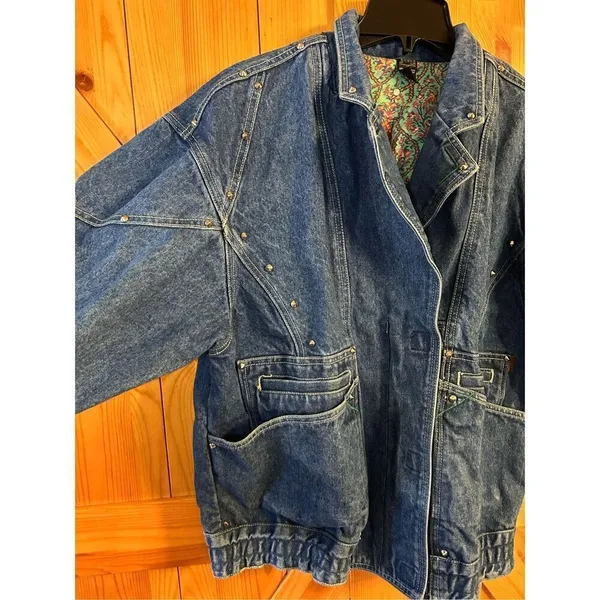 VTG 80s Jag Jean Studded Dolman Sleeve Bomber Denim Jean Jacket Grunge Sz Small - Image 2