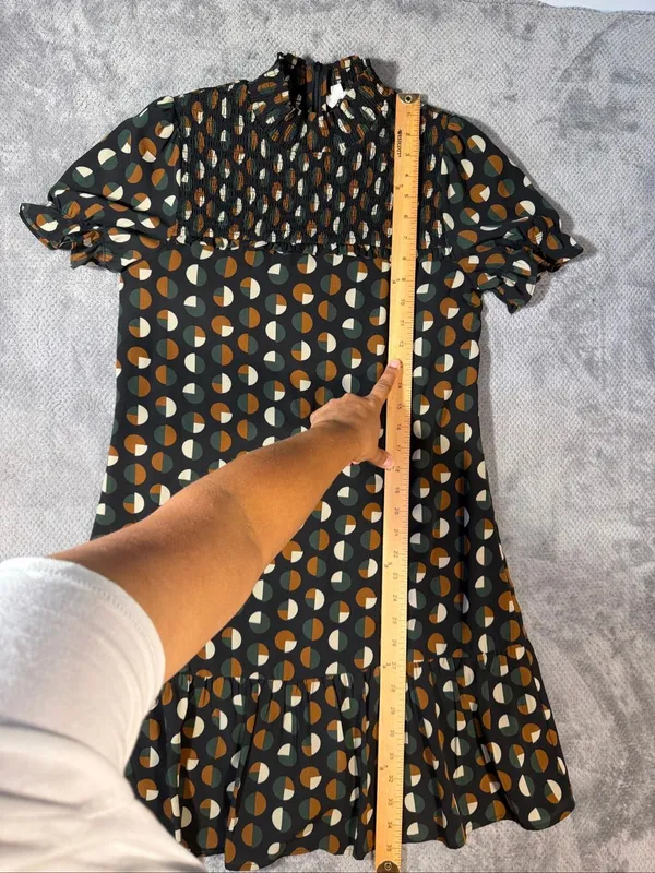 THML Women’s Small Geometric Print Smocked Mock Neck Ruffle Hem Shift Dress - Image 8