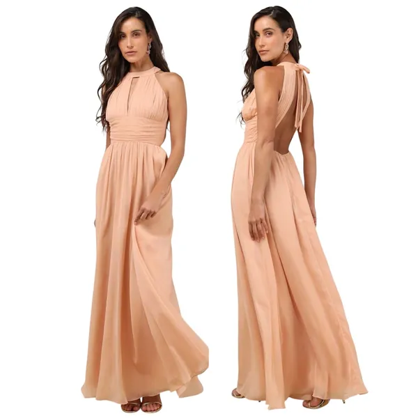 Lulus Sintra Peach Pleated Backless Maxi Dress size Medium NWT - Image 2