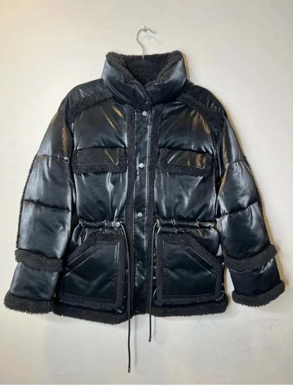 Alo Yoga Ice Breaker Oversized Satin Faux Leather Sherpa Puffer Jacket Size Med - Image 4