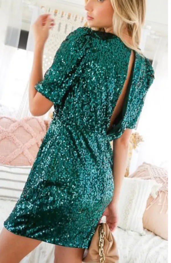 VICI TYRA SEQUIN PUFF SLEEVE CUTOUT BACK MINI DRESS - Emerald Green - Image 2