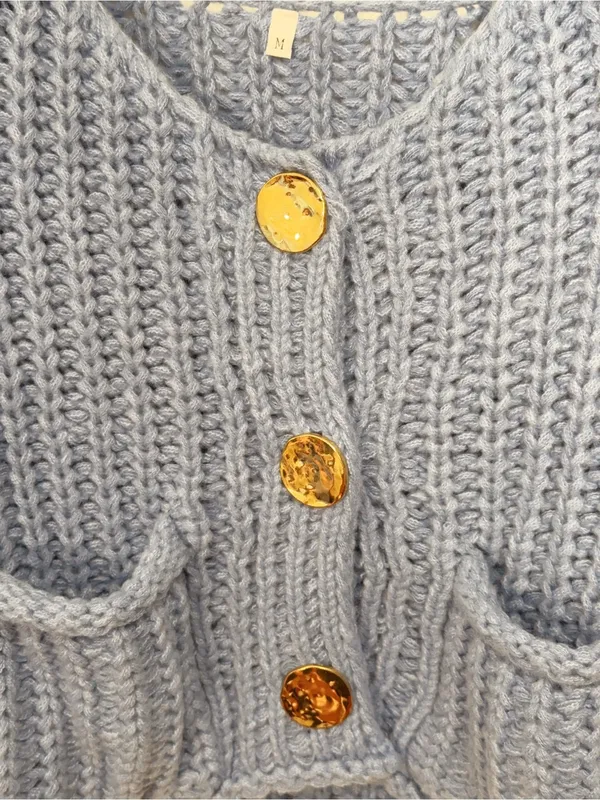 Miss Sparkling Blue Chunky Knit Cropped Cardigan Gold Button Pocket Sweater - Image 3