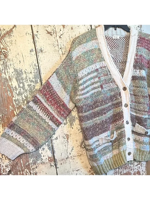 POL Warm Wishes Rowan Cardigan Sweater Olive Green Chunky Knit Boho Womens L - Image 4
