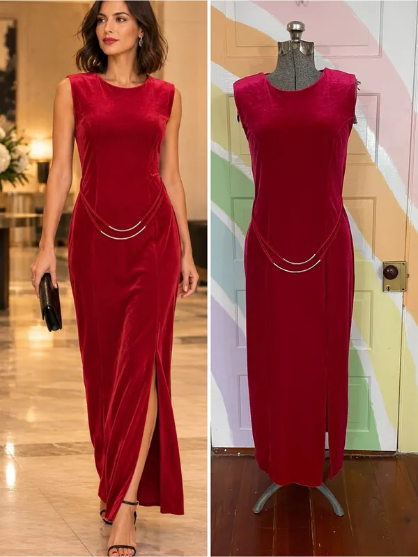 Vintage Giorgio Fiorlini Red Velvet Maxi Dress Silver Waist Detail Sz 5/6 💚🎀 - Image 2