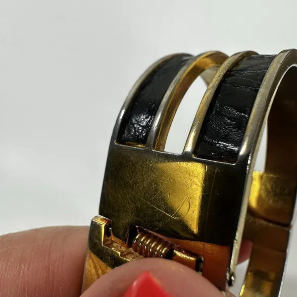 Loewe Gold Tone Black Leather Hinged Bangle Cuff Bracelet 7in Logo Designer - Image 9