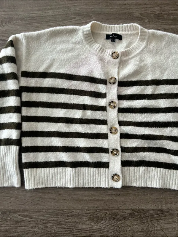 Lulus Knit Cardigan Womens Medium Ivory Olive Striped Fuzzy Wool Blend Cropped - Image 4