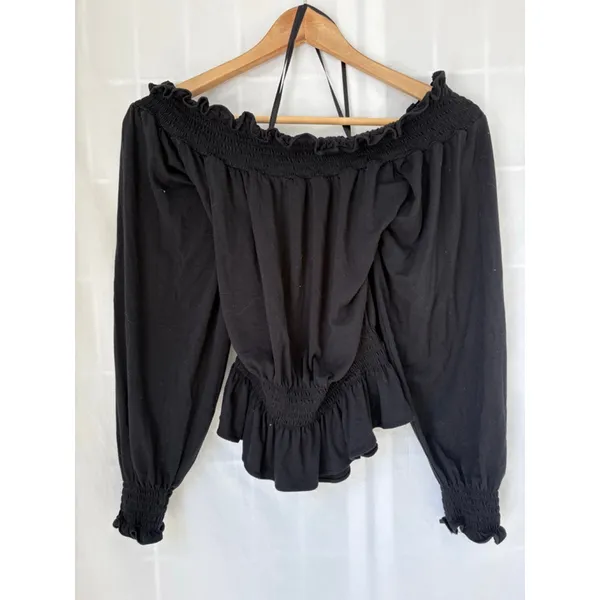 Lauren Ralph Lauren Black Off-Shoulder Smocked peplum Blouse S long sleeve - Image 4