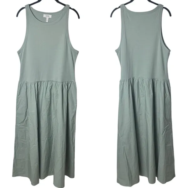 COS Cotton Contrast Panel Maxi Dress Sage Green Coastal Resort Travel Chic L - Image 2