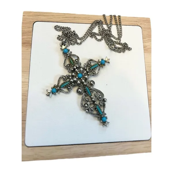 Signed Roma Cross Pendant Necklace Petit Point Faux Turquoise Christian Vintage - Image 3