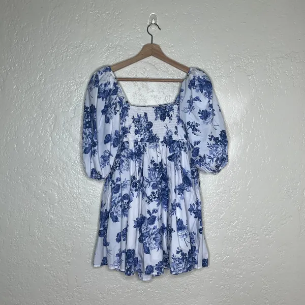 Abercrombie Emerson Poplin Puff Sleeve Mini Dress Floral Blue White Small‎ - Image 3