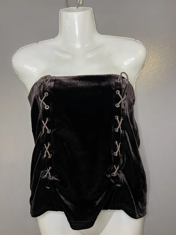 Forever 21 Tank Top Womens Medium Brown Velvet Strapless Lace Up Corset Party - Image 2