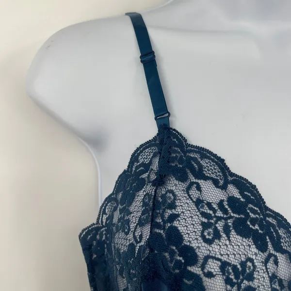 Vtg Val Mode Y2K Slip Dress Sz 32 Coquette Lace Midi Bow 90 Sheer USA Satin Blue - Image 8