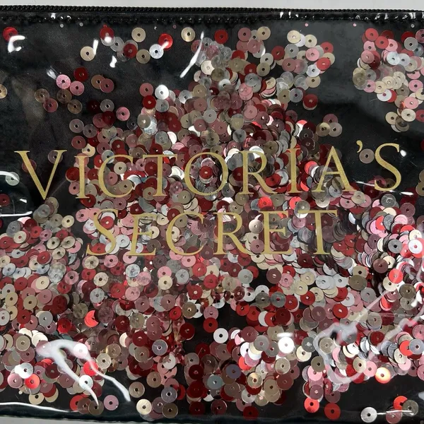 Victoria's Secret Wristlet Pouch Black Sequin Floating Logo Glam Makeup Bag - Image 4