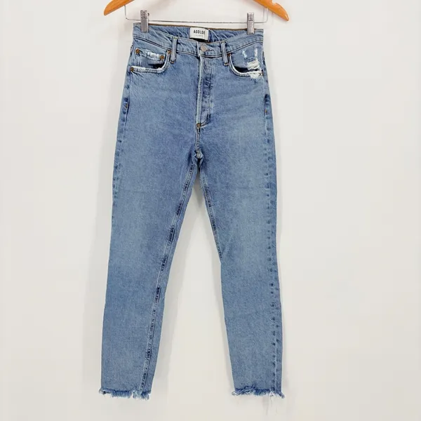 AGOLDE Nico High Rise Straight Leg Jeans Light‎ Wash Distressed Raw Hem Size 25 - Image 4