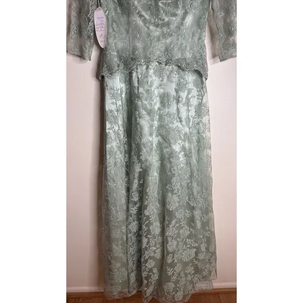 vtg Cassandra Stone Dress Womens 8 Sage Green Lace Gown Formal‎ Evening Beaded - Image 3