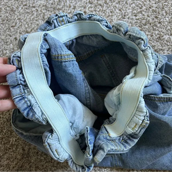 Plaid & Plain Elastic Waist High Rise Denim Jean Retro Rolled Shorts Medium - Image 4