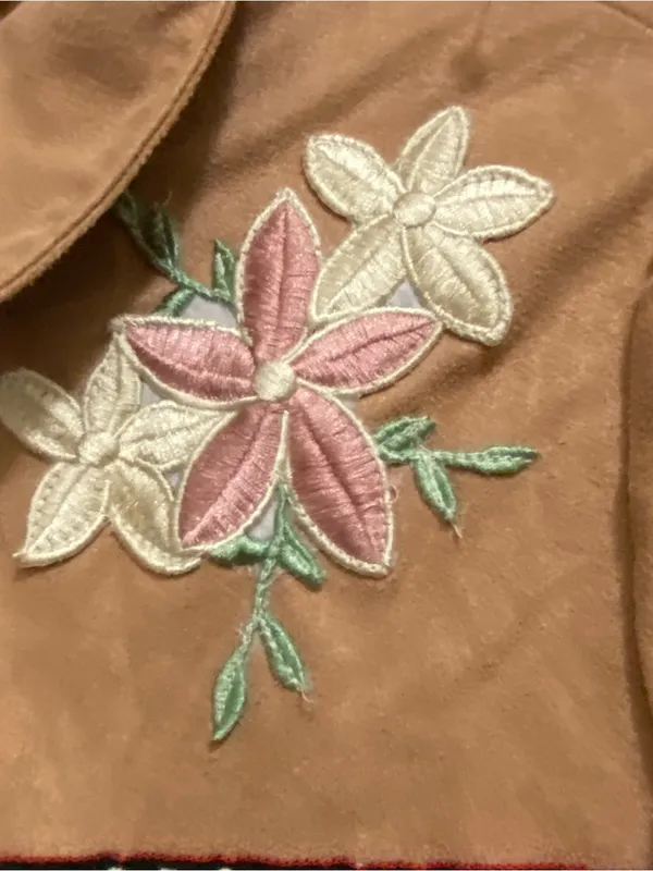 Tan Fringe Jacket with Floral Embroidery Size M - Image 2
