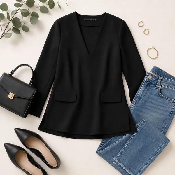 ZARA Structured Crepe V-Neck Top - Black | Minimalist Chic - Image 3
