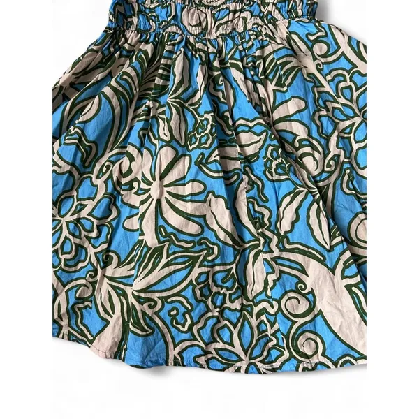 Tropical Floral Puff Sleeve Mini Dress Coastal Resort Cotton Blue Green Small - Image 7