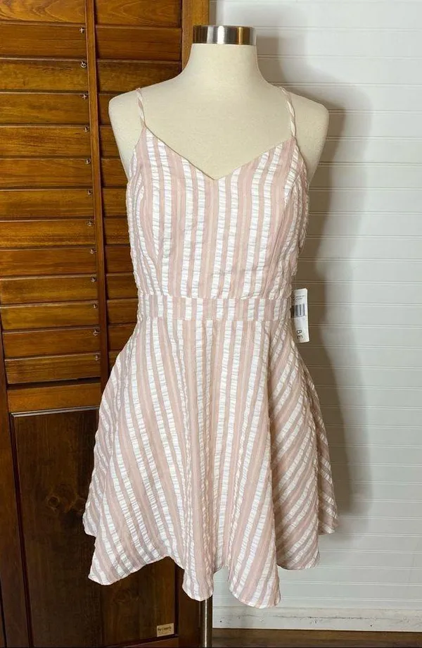City Vibe Stripe Bow Fit & Flare Pink Dress - Image 8